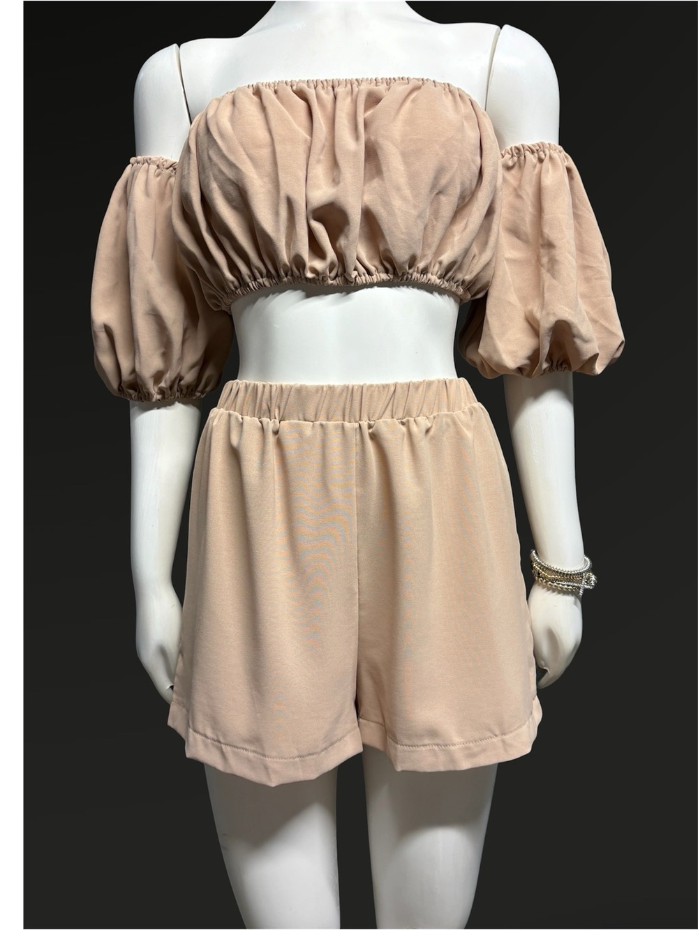 Beige Off-Shoulder Puff Sleeve Short Set